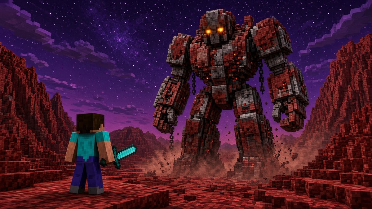 A player with a diamond sword faces a giant red rust golem in a Mars canyon.