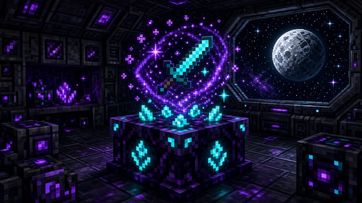 A glowing diamond sword floats above an arcane table inside a space station near the Moon.