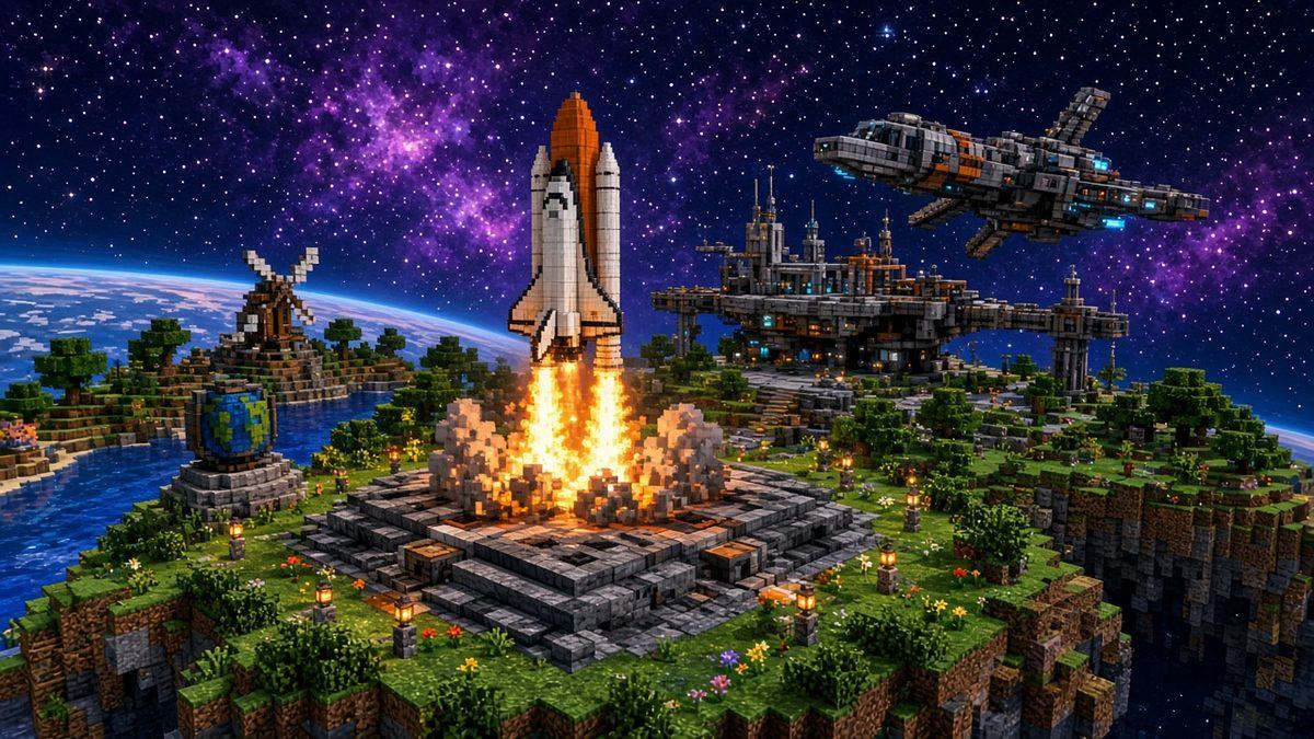 A shuttle launches from a block-built pad as a starship flies overhead in space.