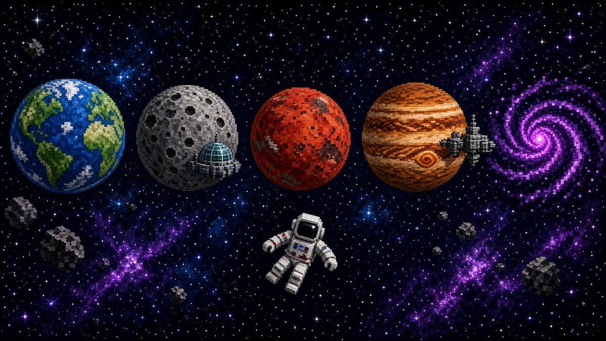 Earth, the Moon, Mars, Jupiter and a spiral galaxy in a row, with an astronaut floating below.