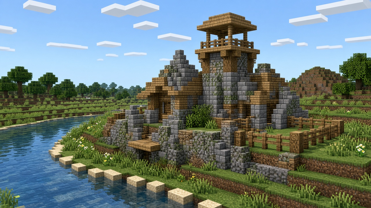 A stone and oak tower beside a river.
