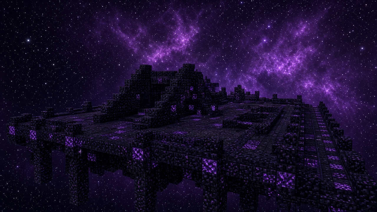 A dark platform with purple lights under a nebula.