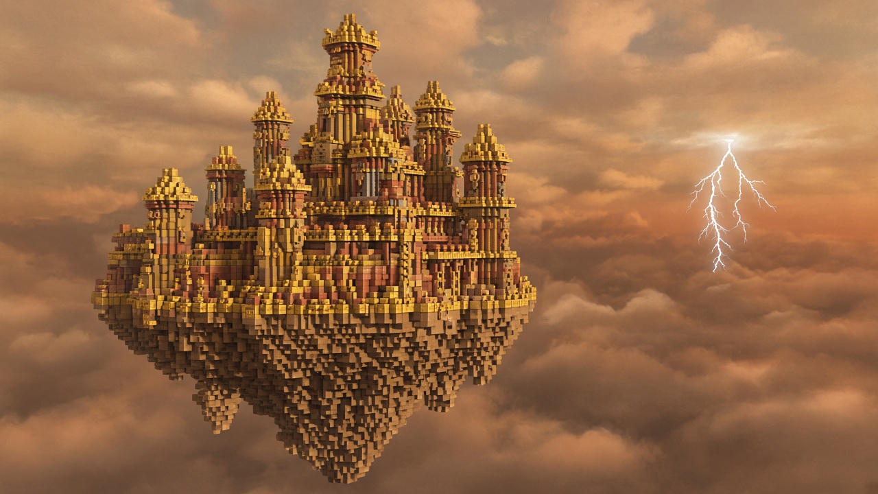 A gold citadel floating in storm clouds.